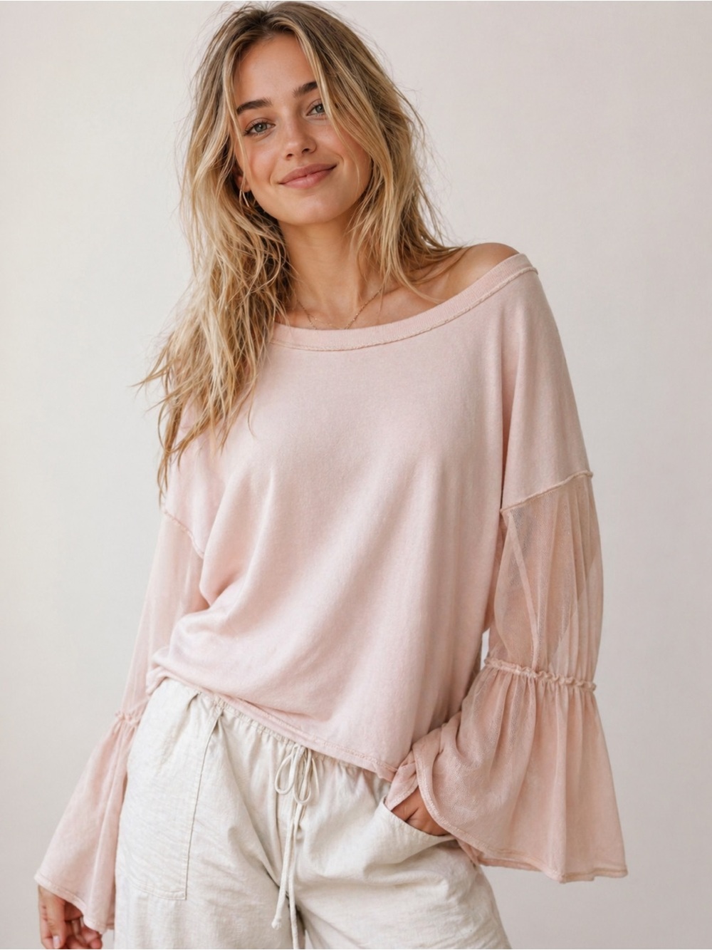Free People Mesh Bell Sleeve Top Blush Pink Oversized Boho Tunic Sheer Sleeve S - Picture 1 of 9